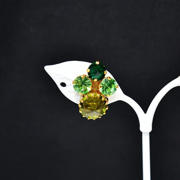 Vintage Austria Green Crystal Clip Earrings Uranium Glass Rhinestones 1950s - Picture 4 of 10